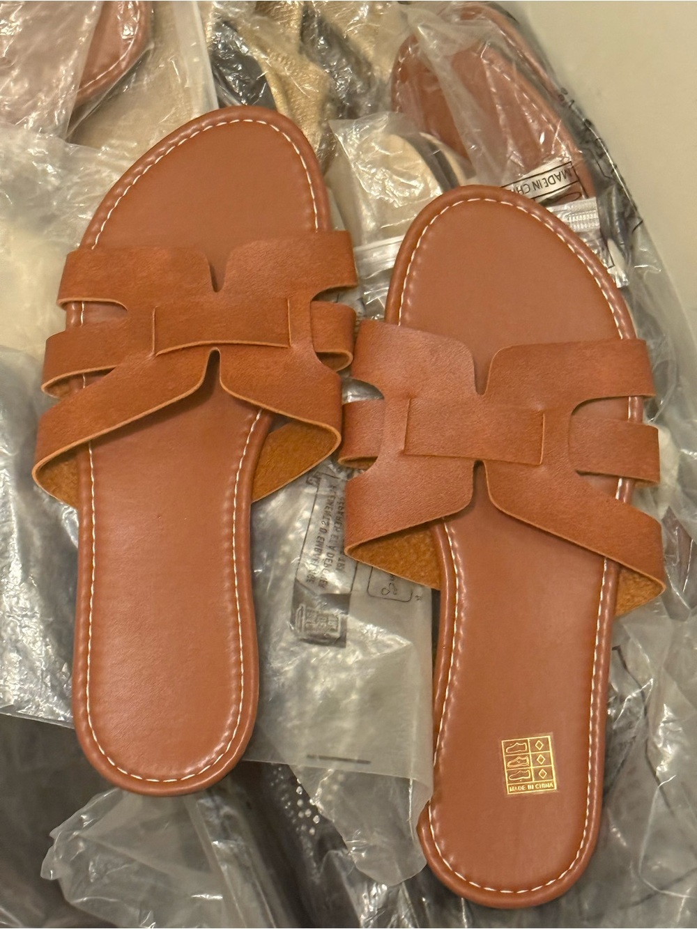 Women's Brown Slide Sandals - Casual Leather-Look Slip-Ons